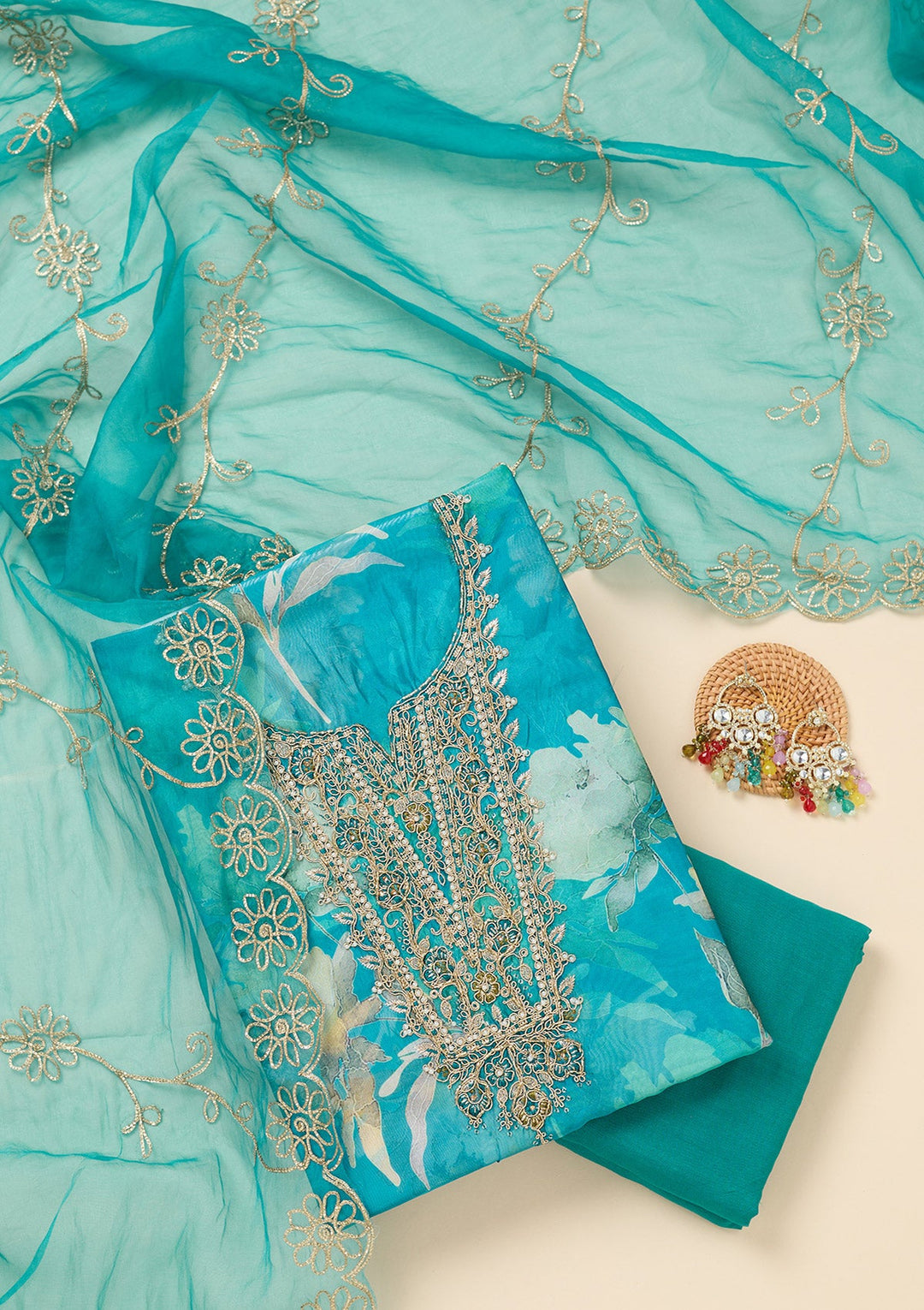 Turquoise Blue Zariwork (Gold) Organza Unstitched Salwar Suit-koskii