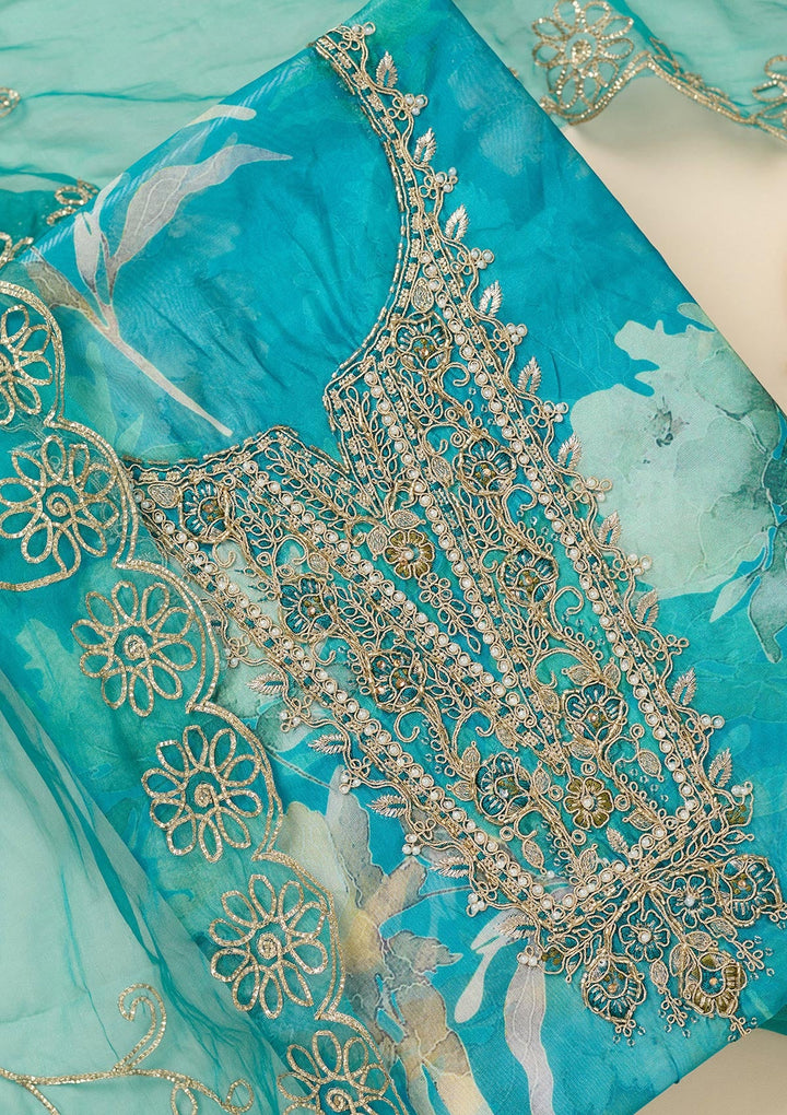 Turquoise Blue Zariwork (Gold) Organza Unstitched Salwar Suit