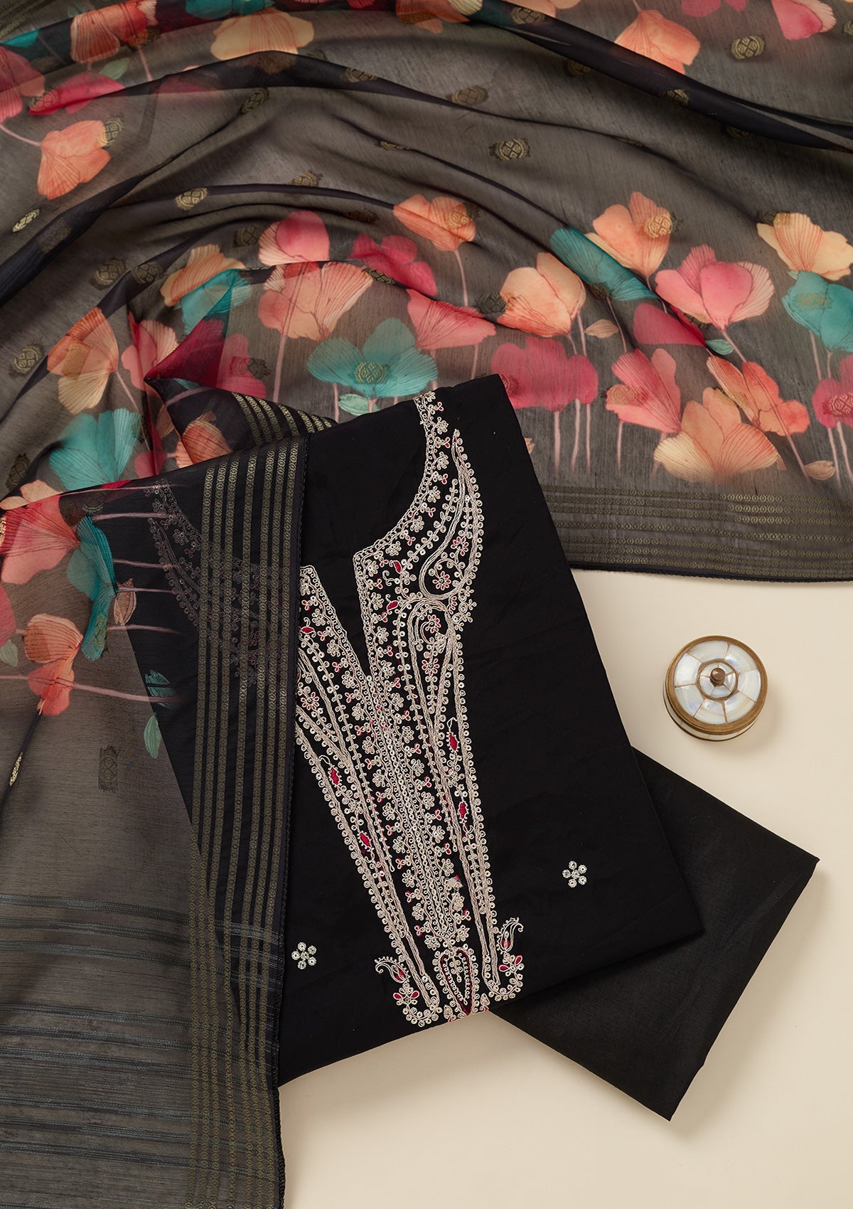 Black Zariwork (Gold) Dola Silk Unstitched Salwar Suit_koskii