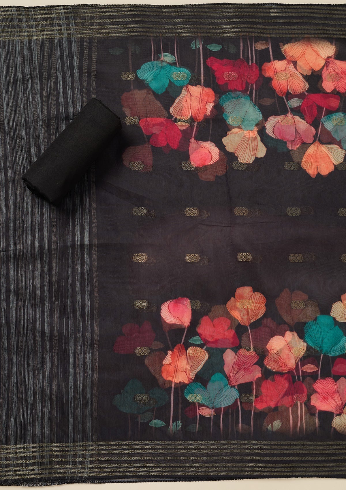 Black Zariwork (Gold) Dola Silk Unstitched Salwar Suit_koskii