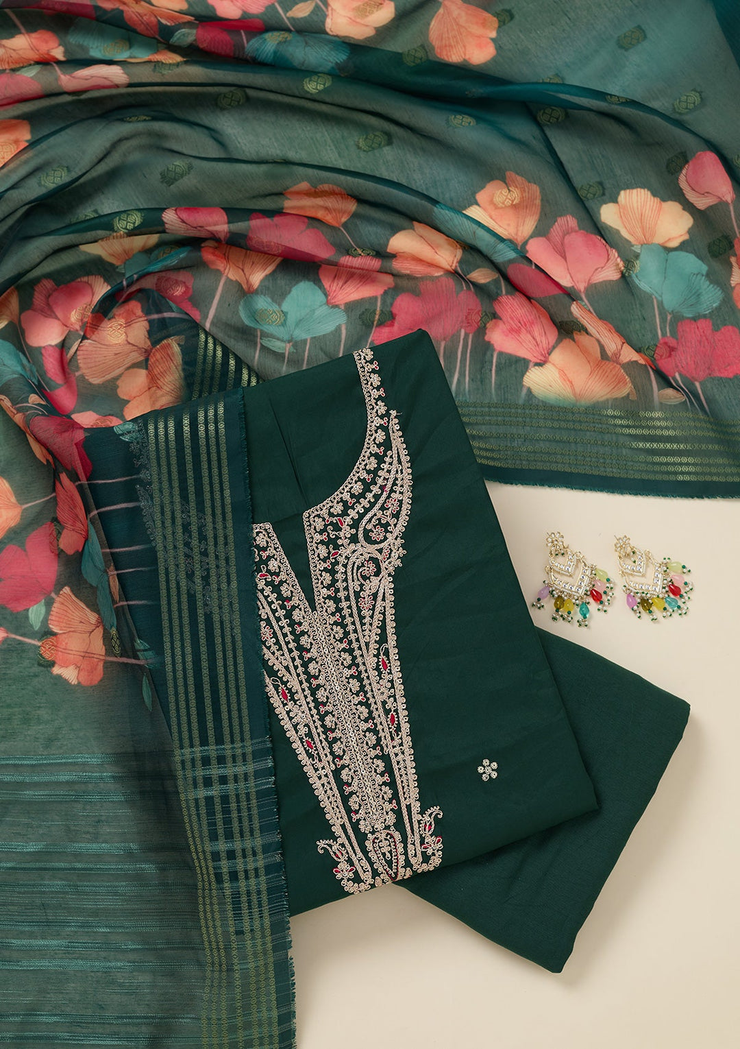 Bottle Green Zariwork (Gold) Dola Silk Unstitched Salwar Suit_koskii