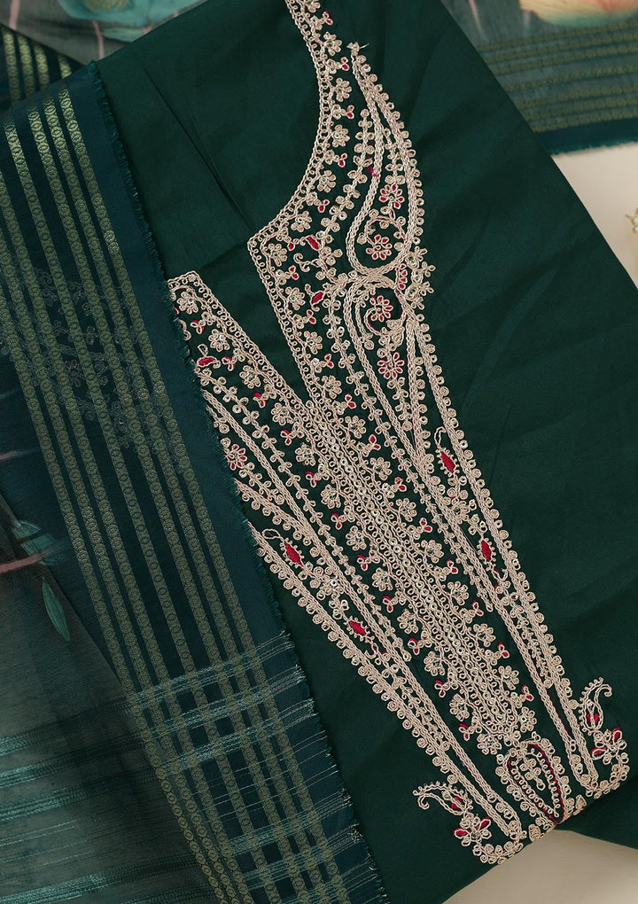 Bottle Green Zariwork (Gold) Dola Silk Unstitched Salwar Suit_koskii