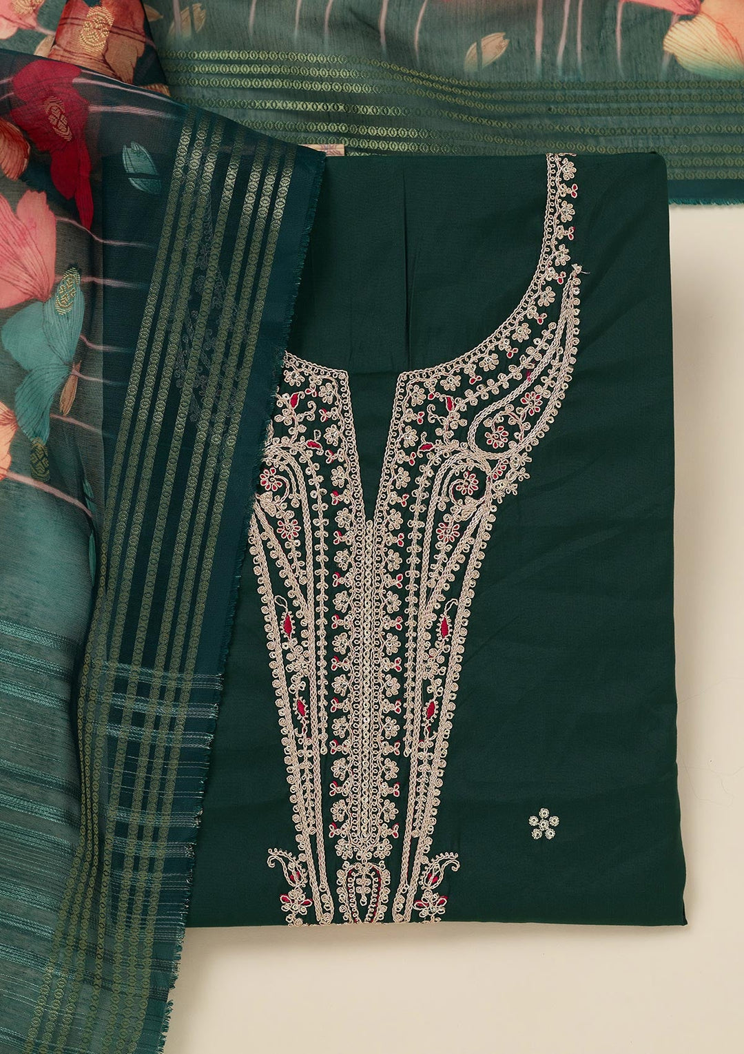 Bottle Green Zariwork (Gold) Dola Silk Unstitched Salwar Suit_koskii