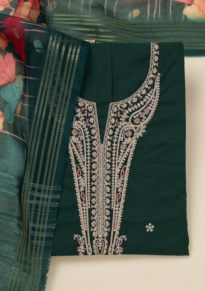 Bottle Green Zariwork (Gold) Dola Silk Unstitched Salwar Suit_koskii