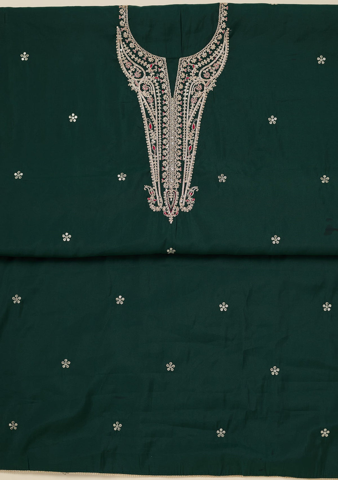 Bottle Green Zariwork (Gold) Dola Silk Unstitched Salwar Suit_koskii