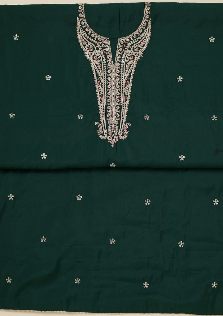 Bottle Green Zariwork (Gold) Dola Silk Unstitched Salwar Suit_koskii