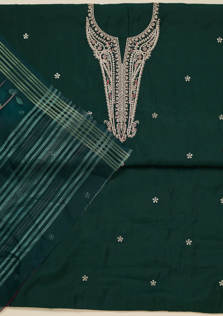 Bottle Green Zariwork (Gold) Dola Silk Unstitched Salwar Suit_koskii