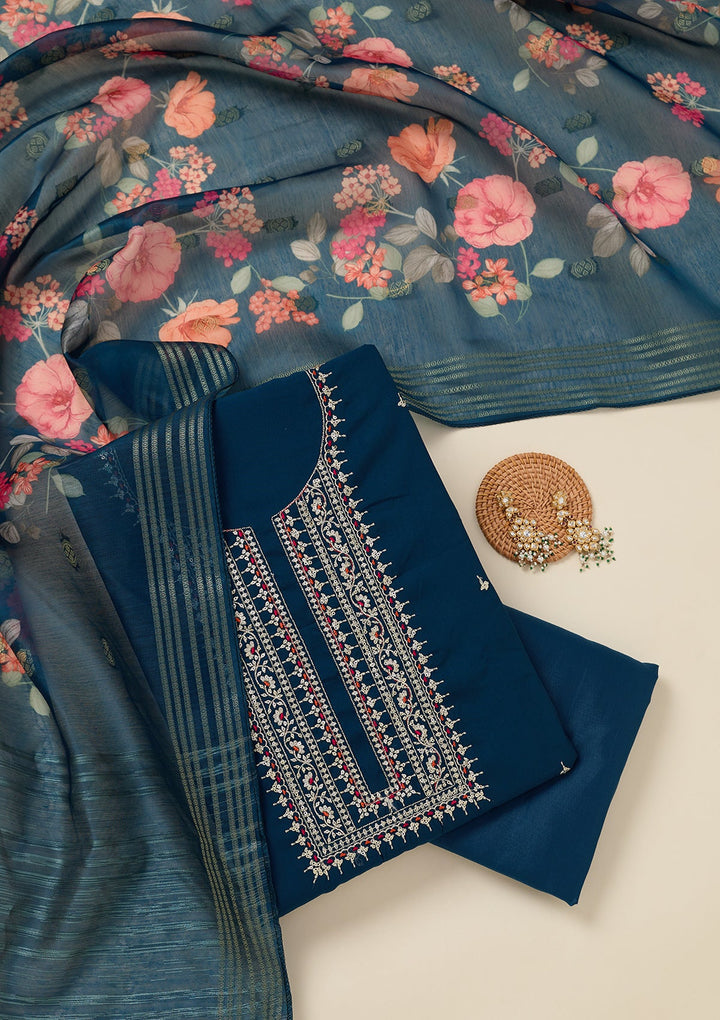 Peacock Blue Zariwork (Gold) Dola Silk Unstitched Salwar Suit_koskii