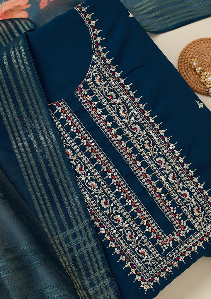 Peacock Blue Zariwork (Gold) Dola Silk Unstitched Salwar Suit_koskii