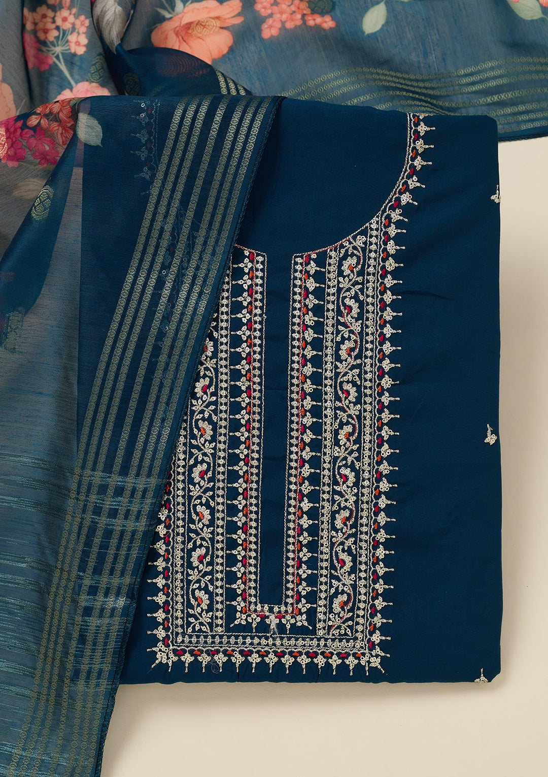 Peacock Blue Zariwork (Gold) Dola Silk Unstitched Salwar Suit_koskii