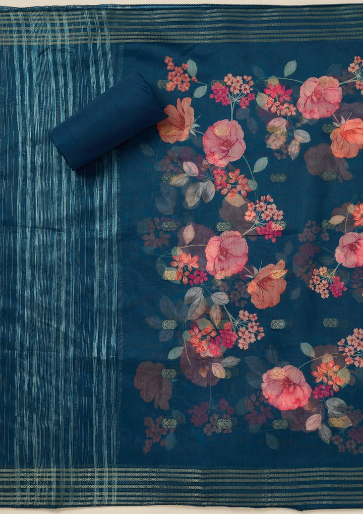 Peacock Blue Zariwork (Gold) Dola Silk Unstitched Salwar Suit_koskii