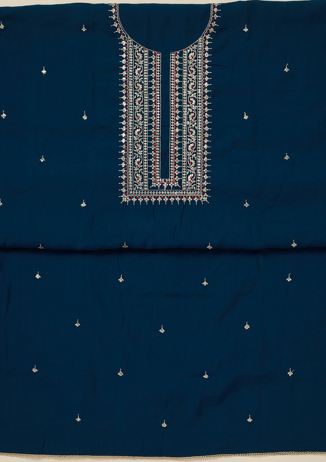 Peacock Blue Zariwork (Gold) Dola Silk Unstitched Salwar Suit_koskii