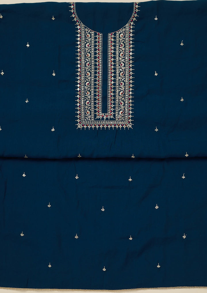 Peacock Blue Zariwork (Gold) Dola Silk Unstitched Salwar Suit_koskii