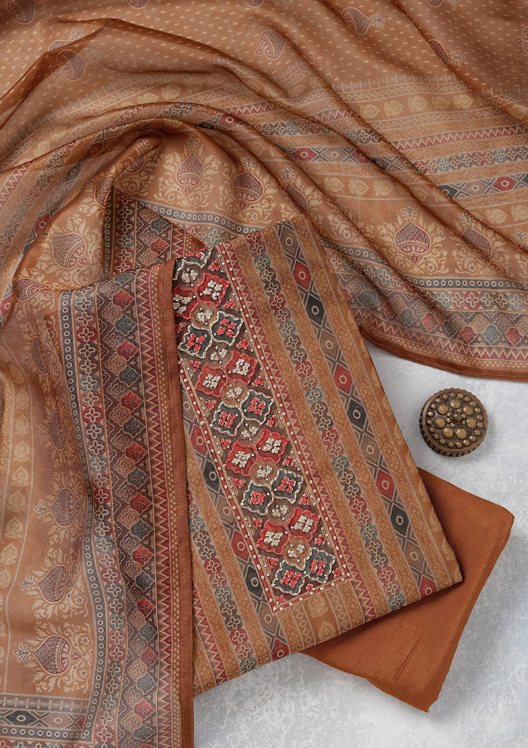 Brown Threadwork Chanderi Unstitched Salwar Suit_koskii