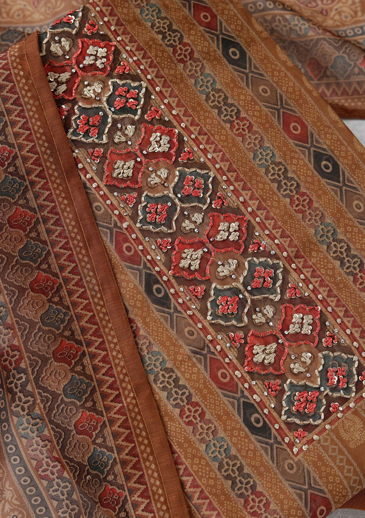Brown Threadwork Chanderi Unstitched Salwar Suit_koskii