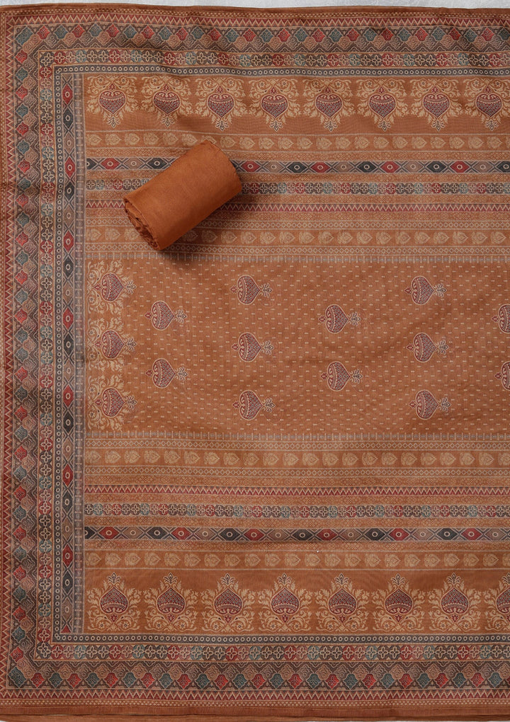 Brown Threadwork Chanderi Unstitched Salwar Suit_koskii
