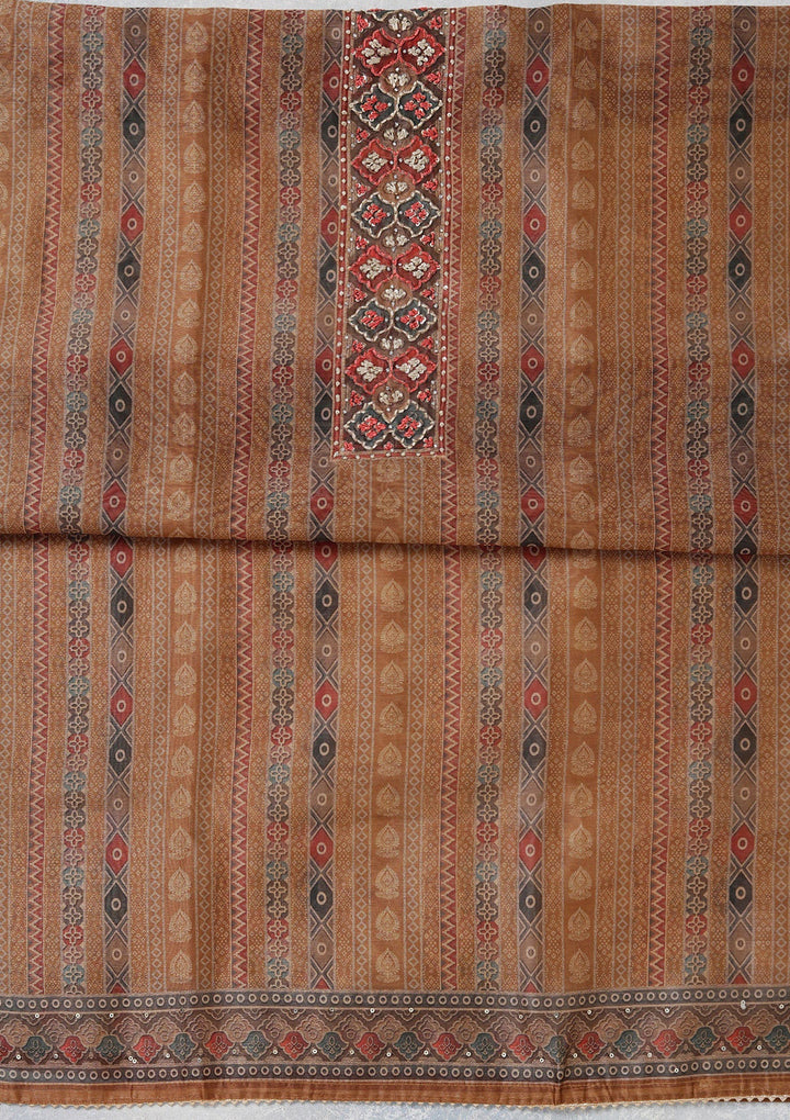 Brown Threadwork Chanderi Unstitched Salwar Suit_koskii