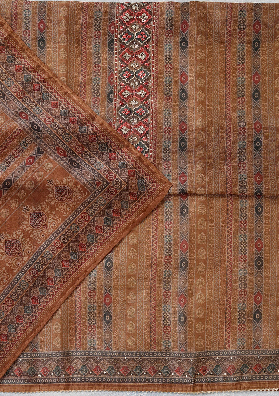 Brown Threadwork Chanderi Unstitched Salwar Suit_koskii