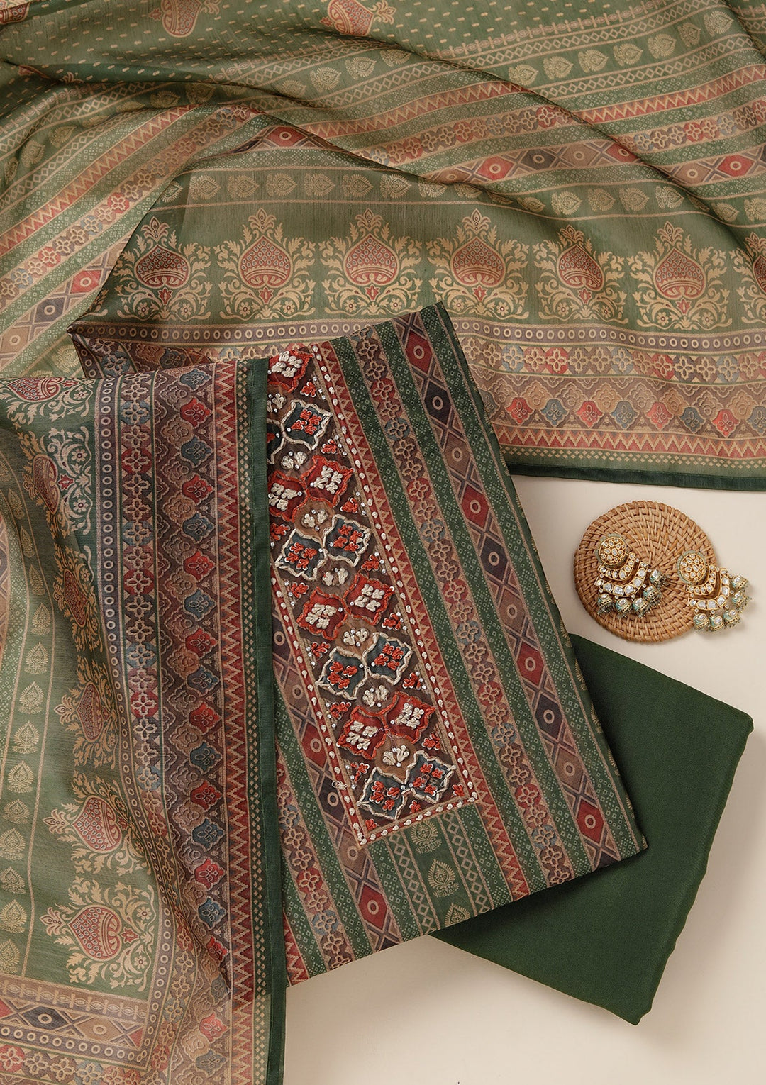 Green Threadwork Chanderi Unstitched Salwar Suit_koskii
