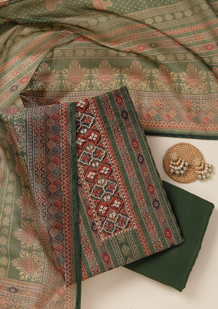 Green Threadwork Chanderi Unstitched Salwar Suit_koskii