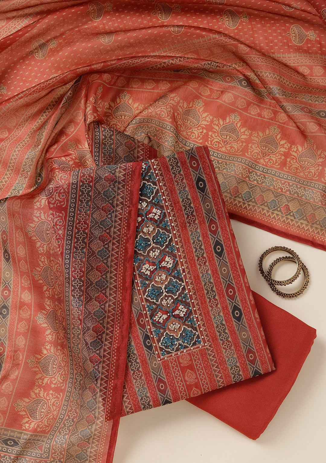 Rust Threadwork Chanderi Unstitched Salwar Suit_koskii
