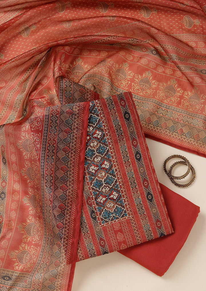 Rust Threadwork Chanderi Unstitched Salwar Suit_koskii