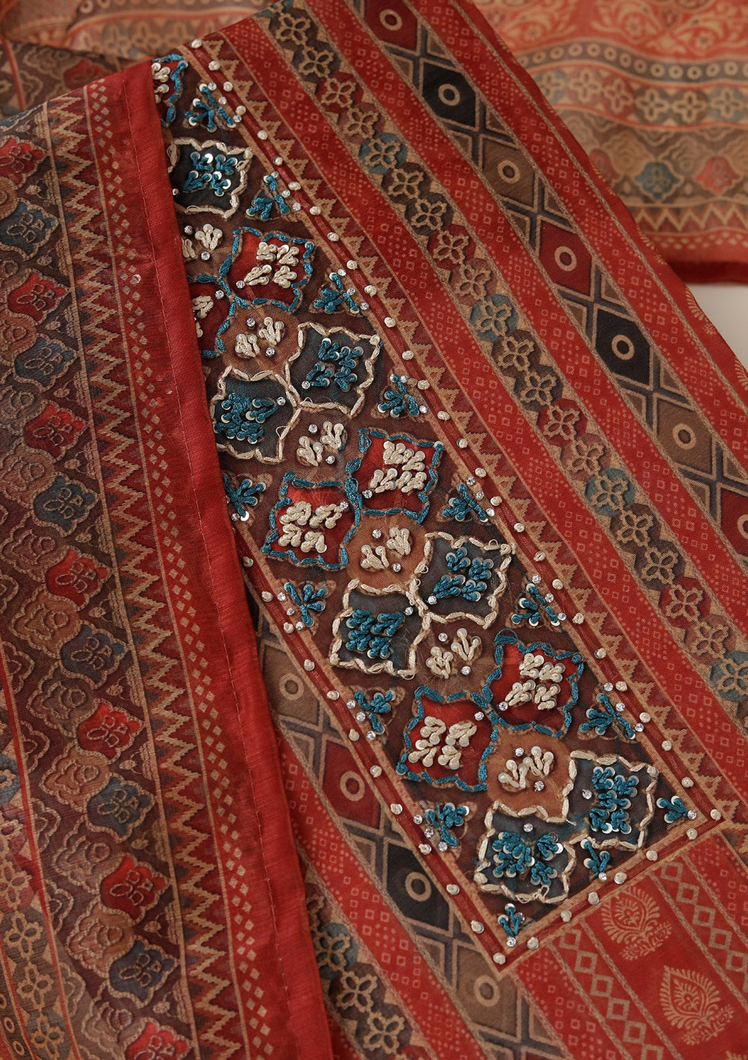 Rust Threadwork Chanderi Unstitched Salwar Suit_koskii
