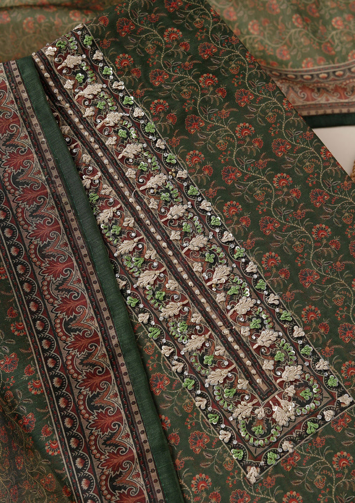 Leaf Green Threadwork Chanderi Unstitched Salwar Suit_koskii