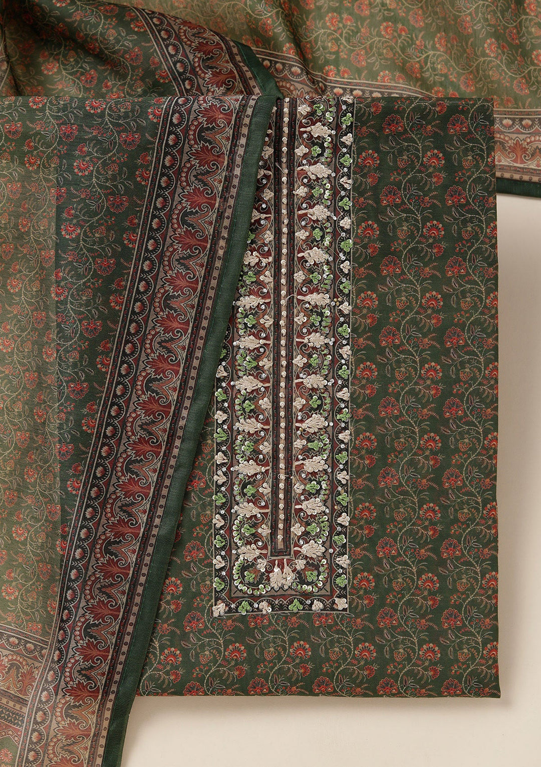 Leaf Green Threadwork Chanderi Unstitched Salwar Suit_koskii