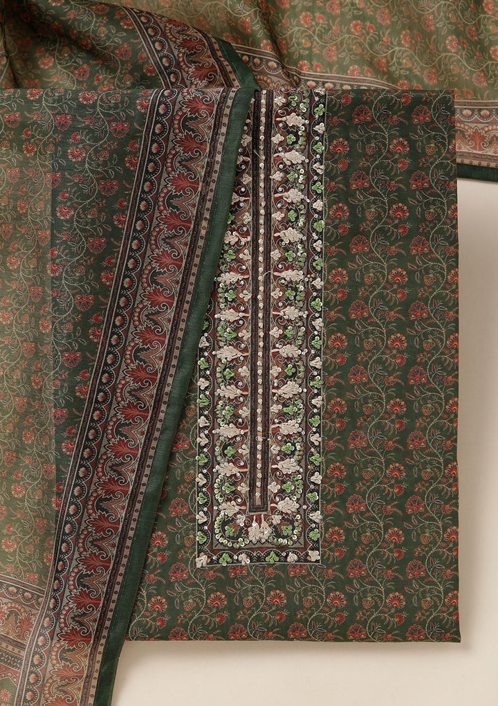 Leaf Green Threadwork Chanderi Unstitched Salwar Suit_koskii