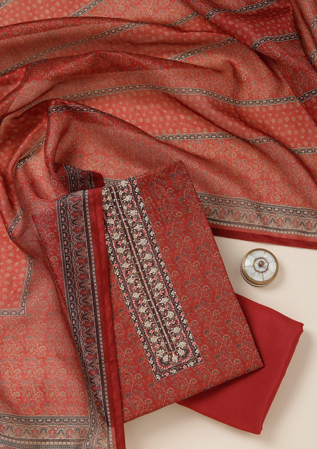 Rust Threadwork Chanderi Unstitched Salwar Suit_koskii