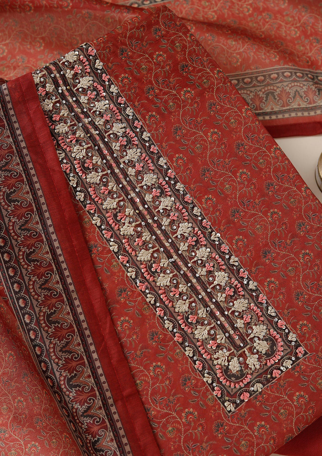 Rust Threadwork Chanderi Unstitched Salwar Suit_koskii