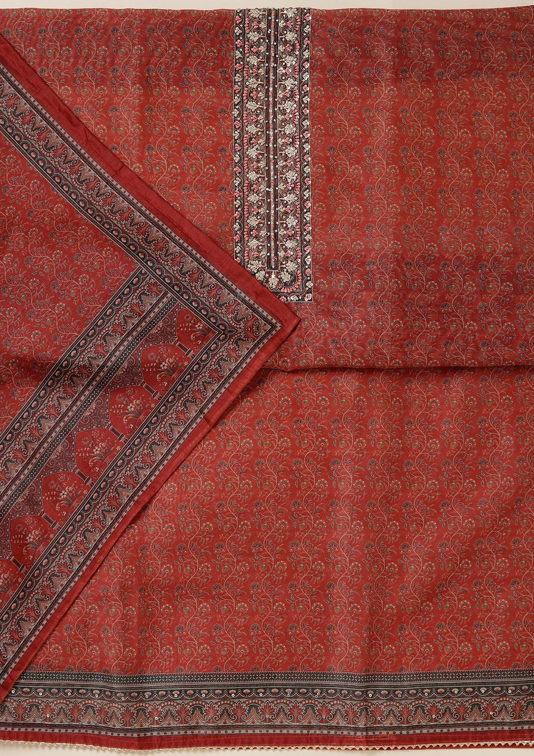 Rust Threadwork Chanderi Unstitched Salwar Suit_koskii