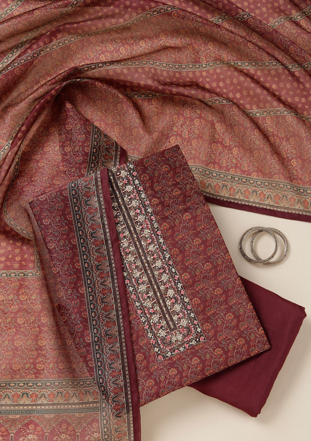 Wine Threadwork Chanderi Unstitched Salwar Suit_koskii