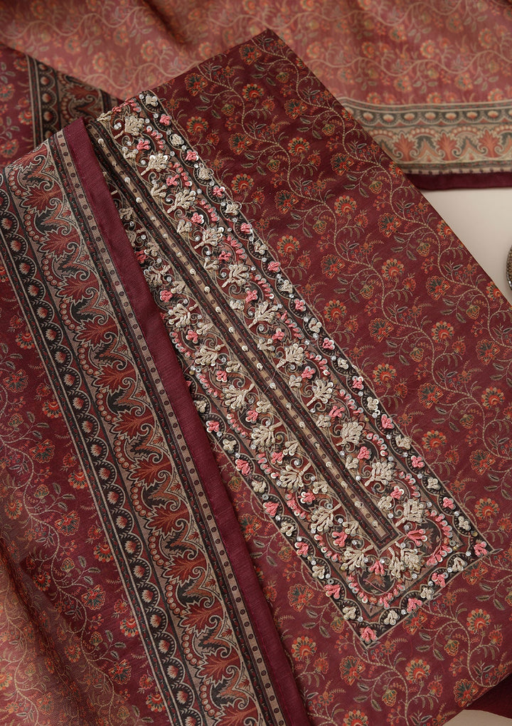 Wine Threadwork Chanderi Unstitched Salwar Suit_koskii