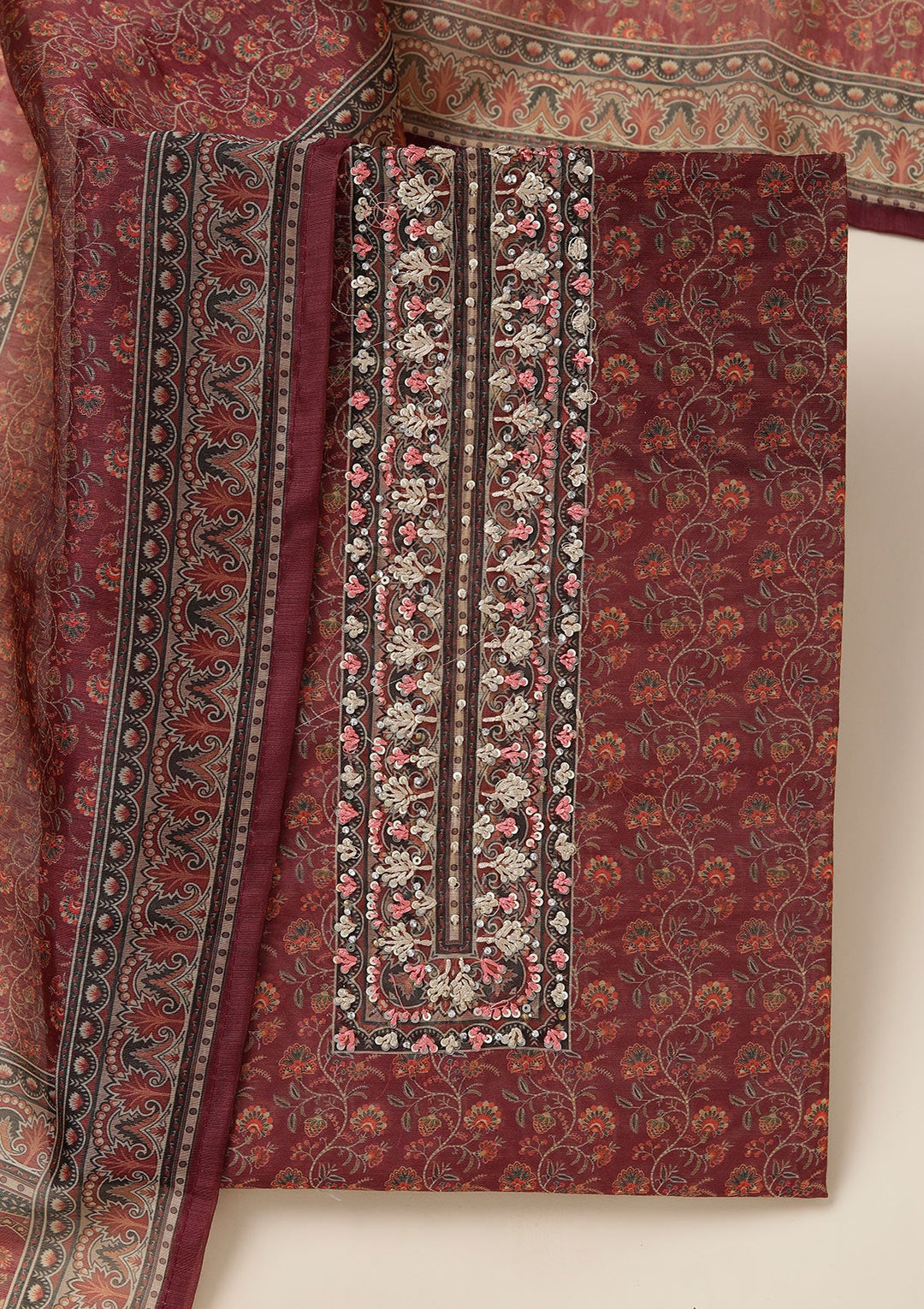 Wine Threadwork Chanderi Unstitched Salwar Suit_koskii