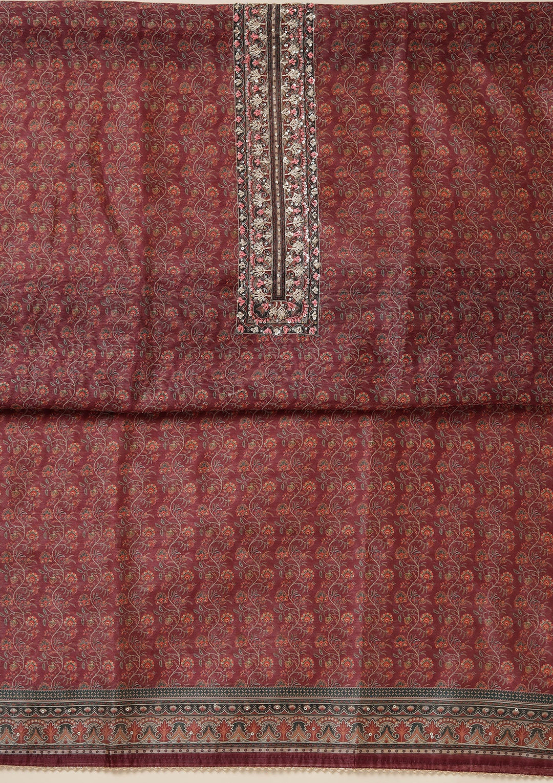 Wine Threadwork Chanderi Unstitched Salwar Suit_koskii