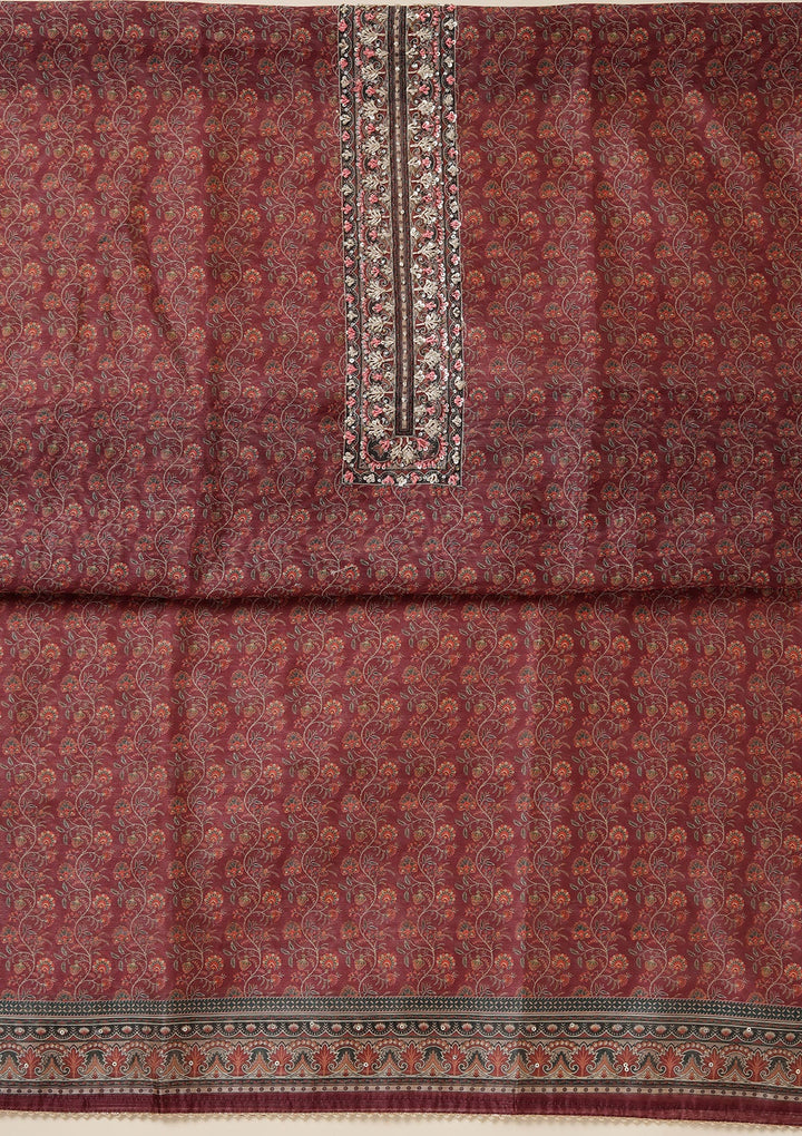 Wine Threadwork Chanderi Unstitched Salwar Suit_koskii