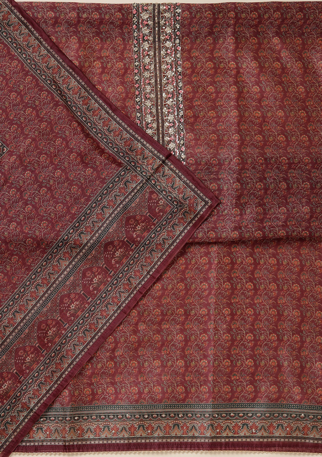 Wine Threadwork Chanderi Unstitched Salwar Suit_koskii