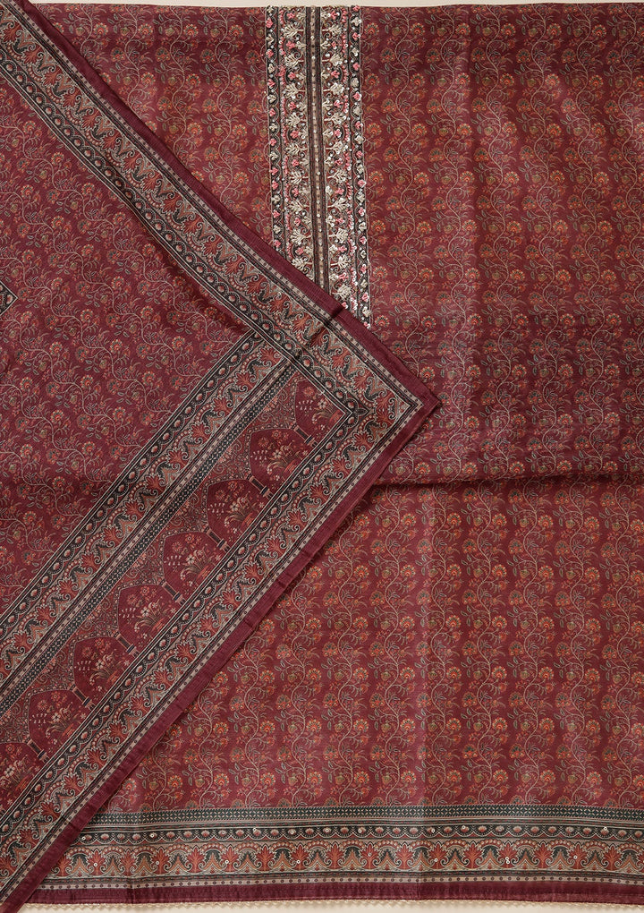 Wine Threadwork Chanderi Unstitched Salwar Suit_koskii