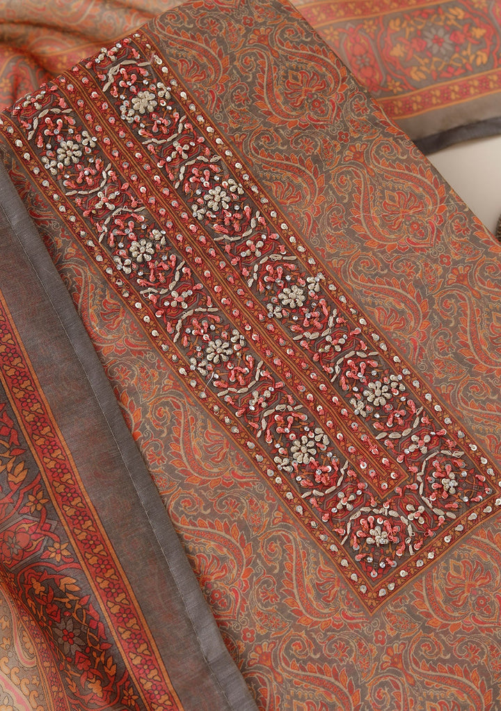 Grey Threadwork Chanderi Unstitched Salwar Suit_koskii