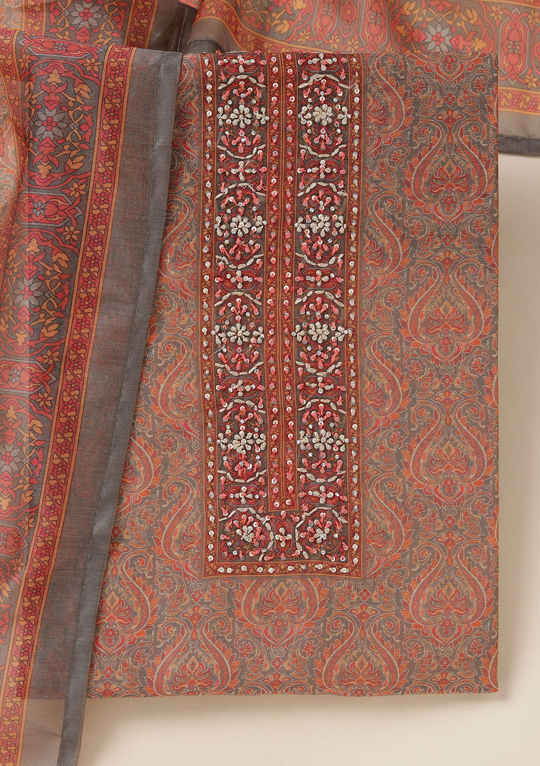 Grey Threadwork Chanderi Unstitched Salwar Suit_koskii