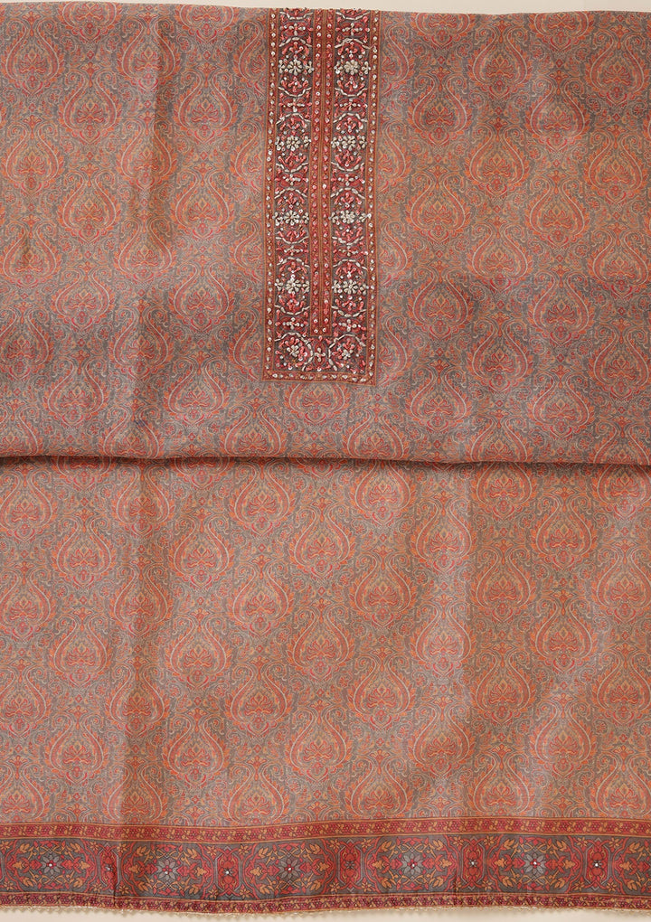 Grey Threadwork Chanderi Unstitched Salwar Suit_koskii