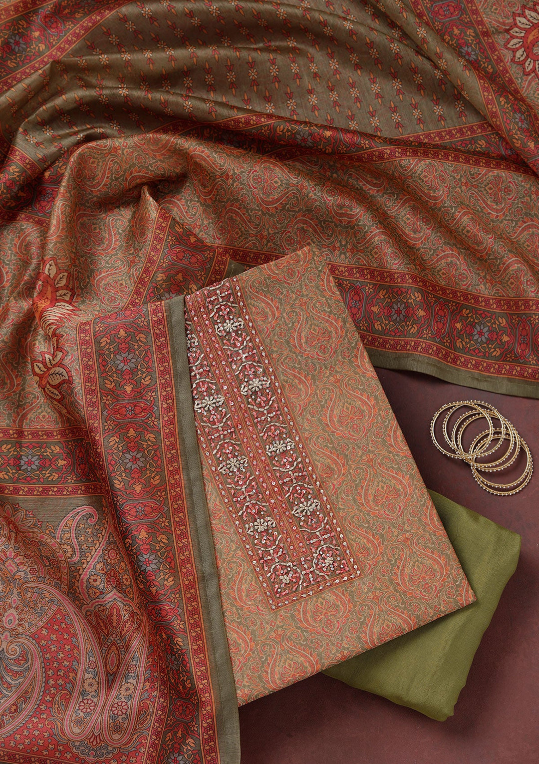 Mehendi Threadwork Chanderi Unstitched Salwar Suit_koskii