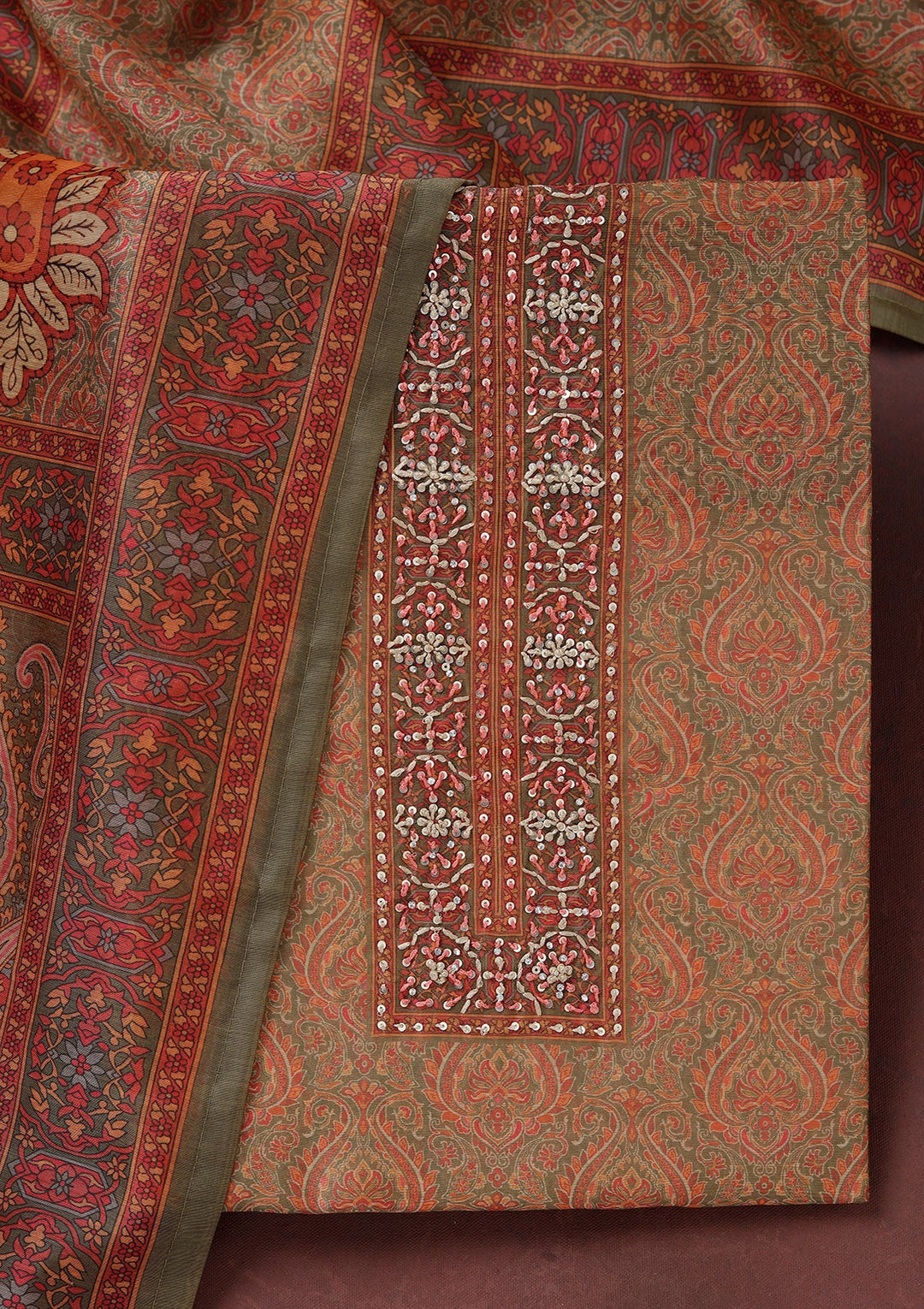 Mehendi Threadwork Chanderi Unstitched Salwar Suit_koskii