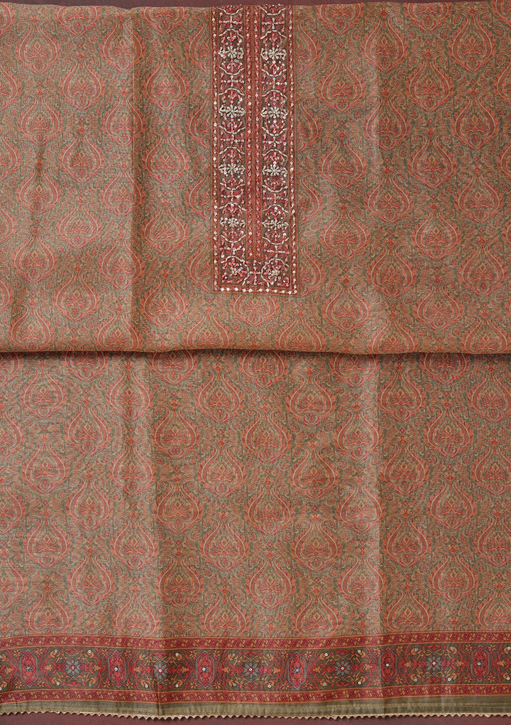 Mehendi Threadwork Chanderi Unstitched Salwar Suit_koskii