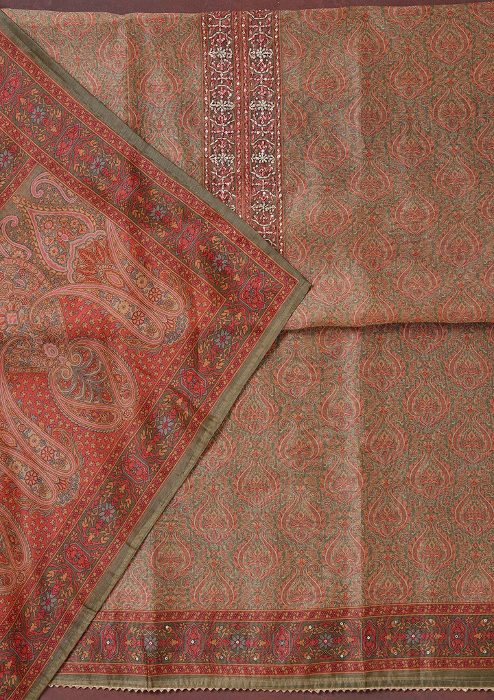 Mehendi Threadwork Chanderi Unstitched Salwar Suit_koskii