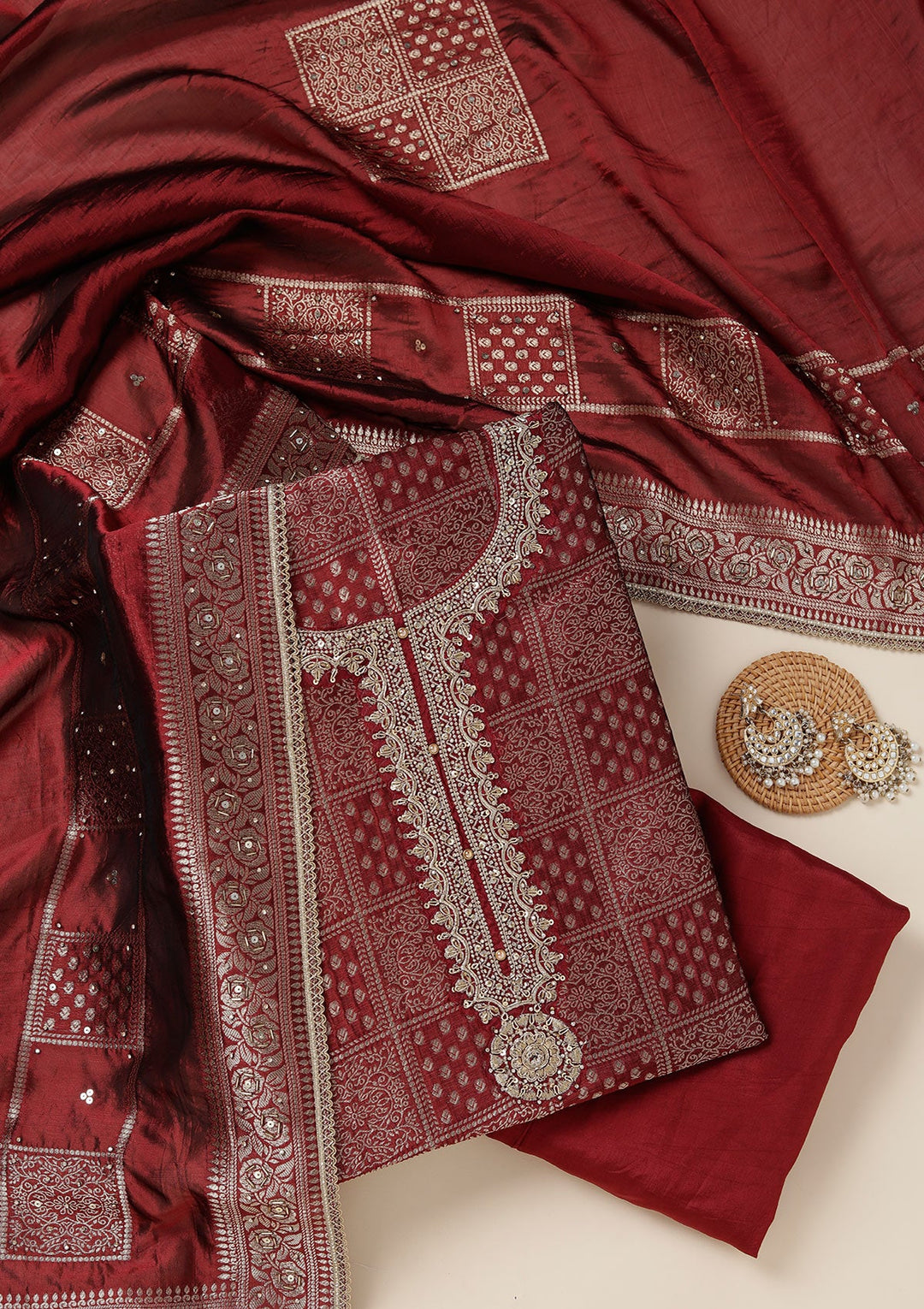 Maroon Zariwork (Gold) Brocade Unstitched Salwar Suit_koskii