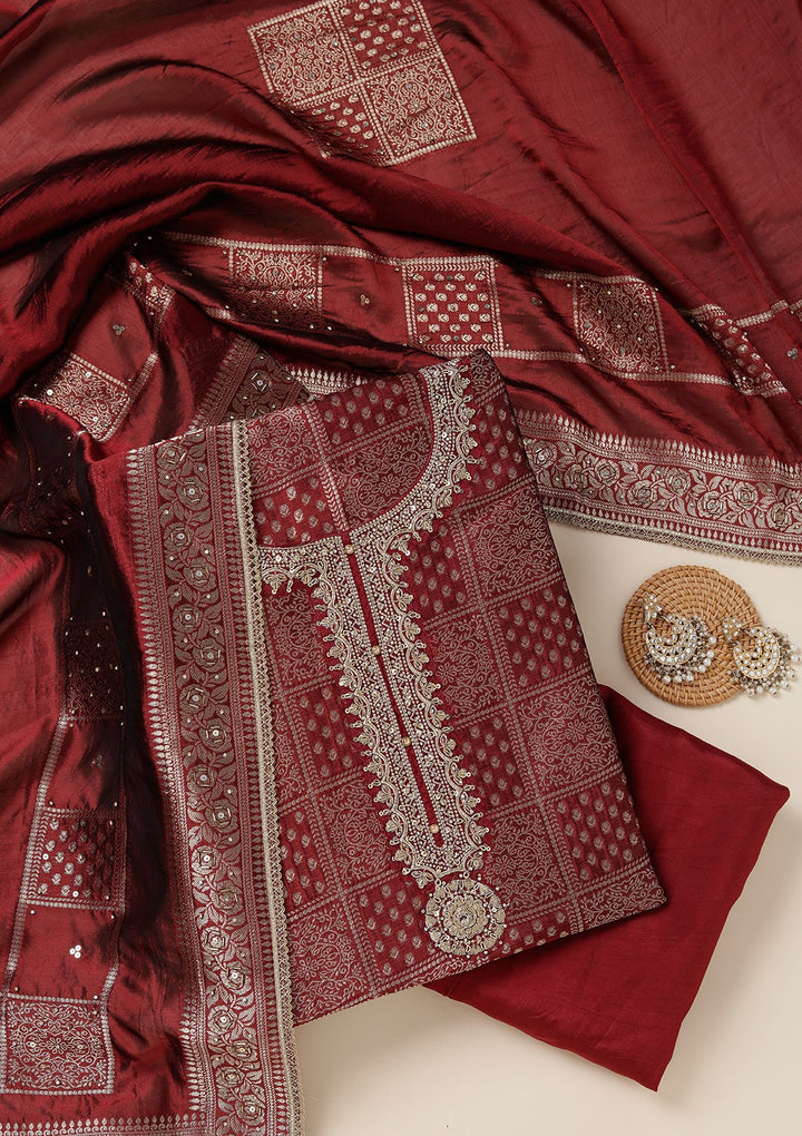 Maroon Zariwork (Gold) Brocade Unstitched Salwar Suit_koskii