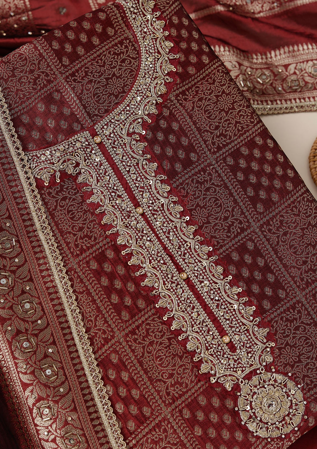 Maroon Zariwork (Gold) Brocade Unstitched Salwar Suit_koskii